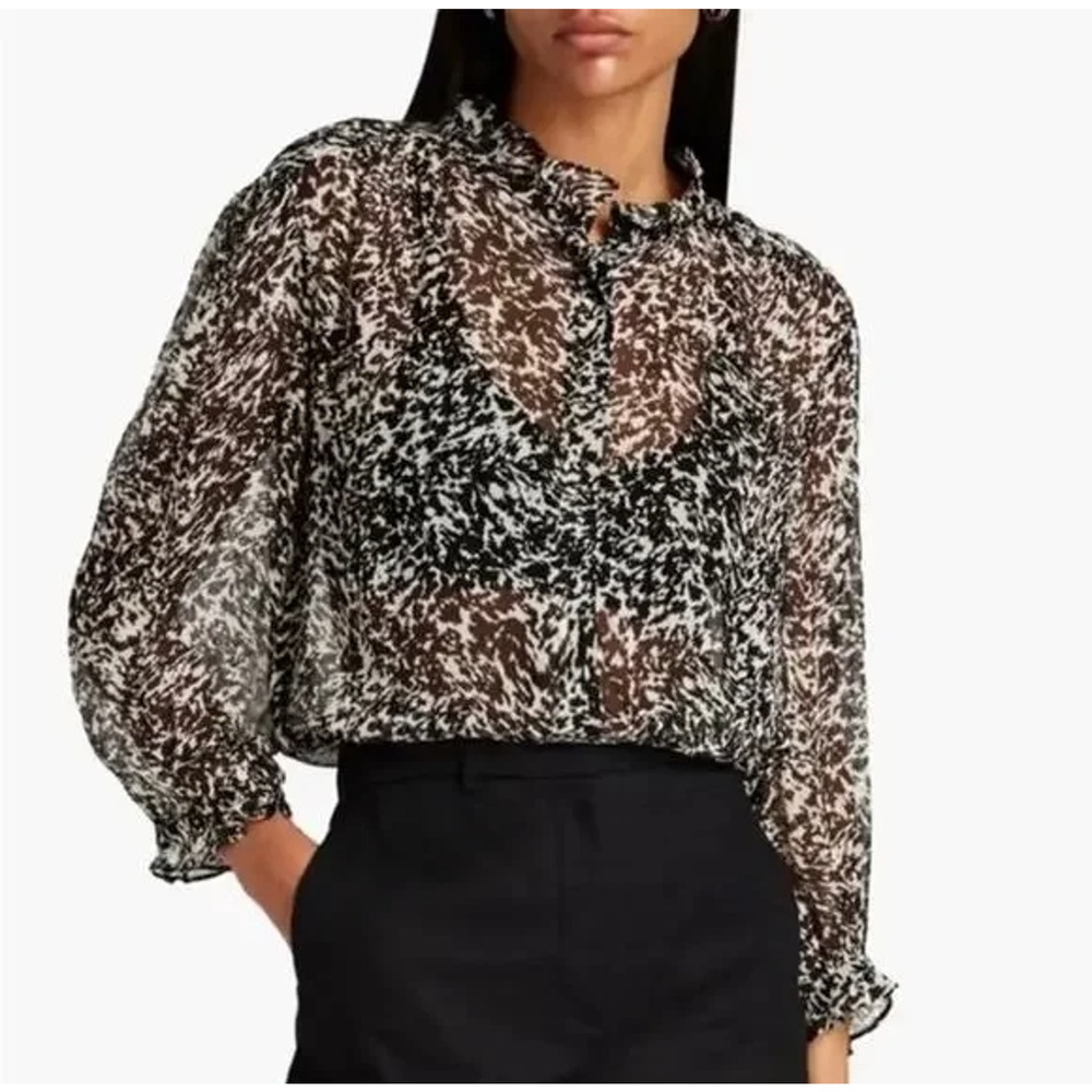BA&SH Elia Animal Print Chiffon Semi Sheer Blouse Noir - XS